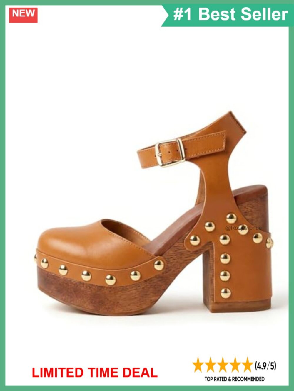 Women's Platform Clogs Heels Ankle Strap Studded Block Heel Faux Wood Party
